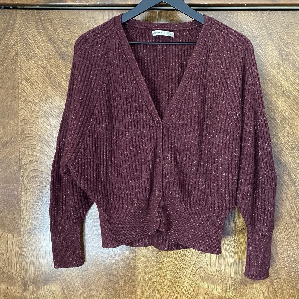 Alice + Olivia Large Metallic Shimmer Brown Cashmere Wool Ribbed Cardigan